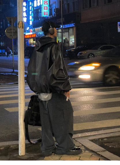 Spring Autumn Short Oversized Black Soft Pu Leather Jacket Men with Hood Zipper Loose Casual Korean Fashion Clothes