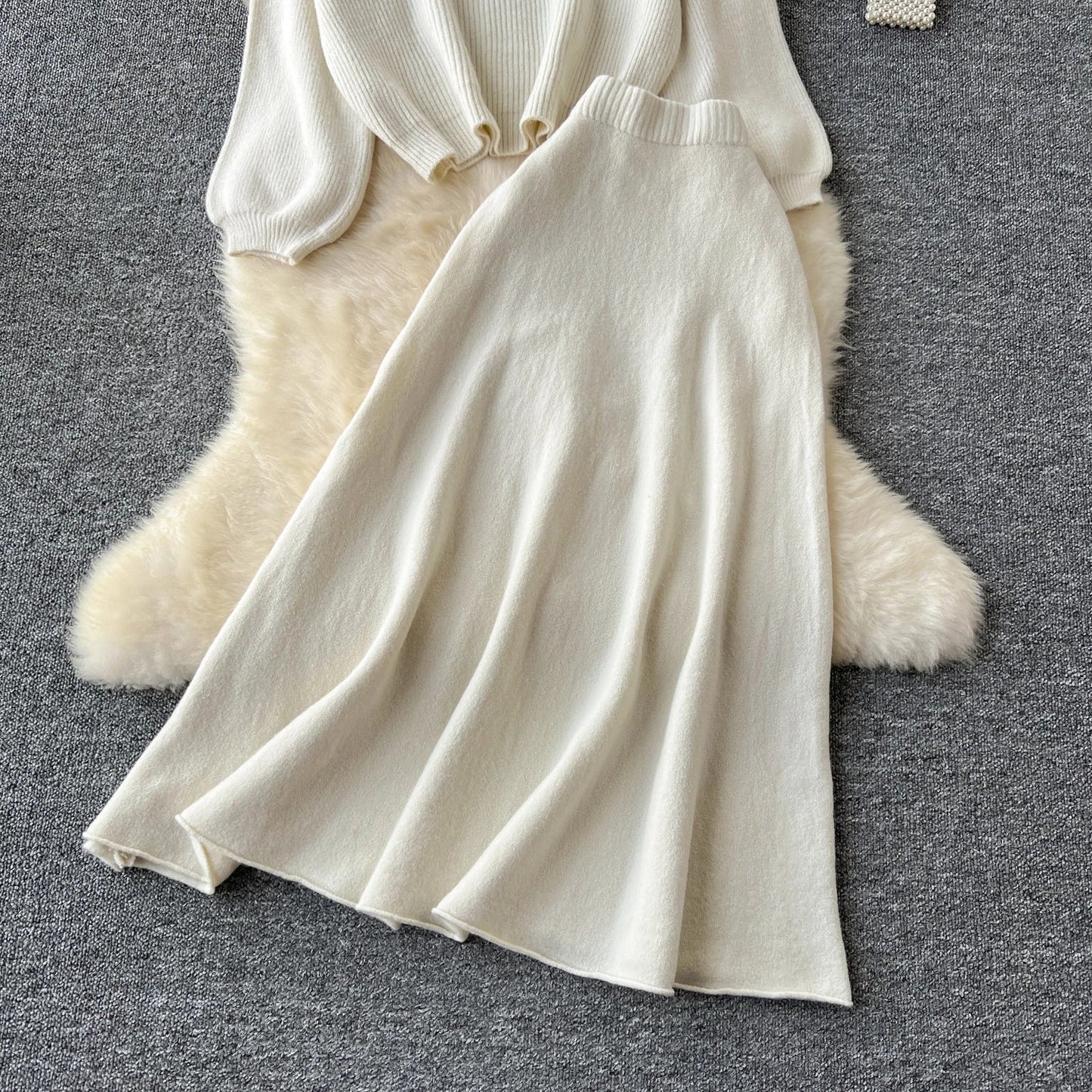 Autumn Casual Two Pieces Sets Women O-Neck Loose Knitting Top+Elastic Waist Large Swing Skirt Basic Korean Winter Sets