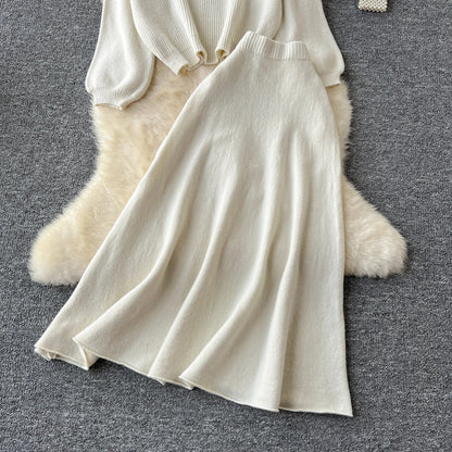 Autumn Casual Two Pieces Sets Women O-Neck Loose Knitting Top+Elastic Waist Large Swing Skirt Basic Korean Winter Sets