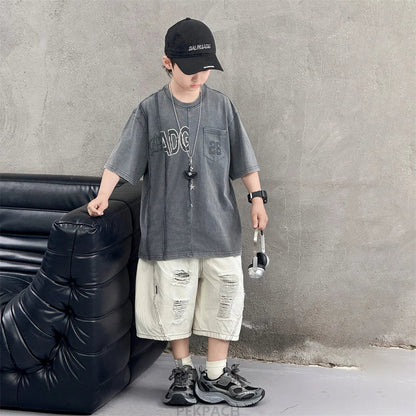 Cool Style Teenager Summer Set T-shirt And Ripped Denim Shorts Clothing Set for Kids Boy Age 7 To 14 Years Children Clothes Suit