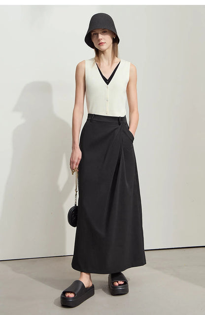 Minimalism 2025 New Long Skirts For Women Summer Vocation Black Pleated Elegant Office Lady Commuting Loose Skirt 12542102