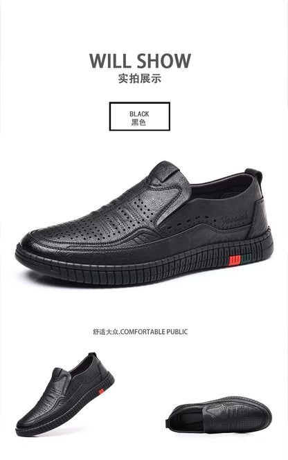 Summer New Breathable Hallow Leather Shoes for Men Solid Color Fashion Casual Driving Shoes Male Low Top Flat Shoes Man