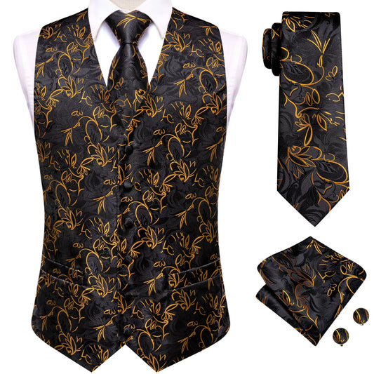 Luxury Men Silk Vest Gold Black Blue Red Green Purple Floral Waistcoat Tie Hanky Cufflinks Brooch Wedding Formal Business