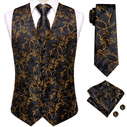 Fashion Silk Vest For Men Classic Gold Champane Yellow Waistcoat Jacket Tie Hankerchief Cufflinks Sets Dress Suit Wedding Hi-Tie