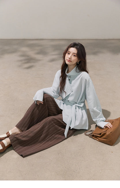 Women's Stand Collar Long Sleeve Shirts Spring Belted Waist Asymmetric Button Tops Casual Loose Solid Shirt MXF13C2459