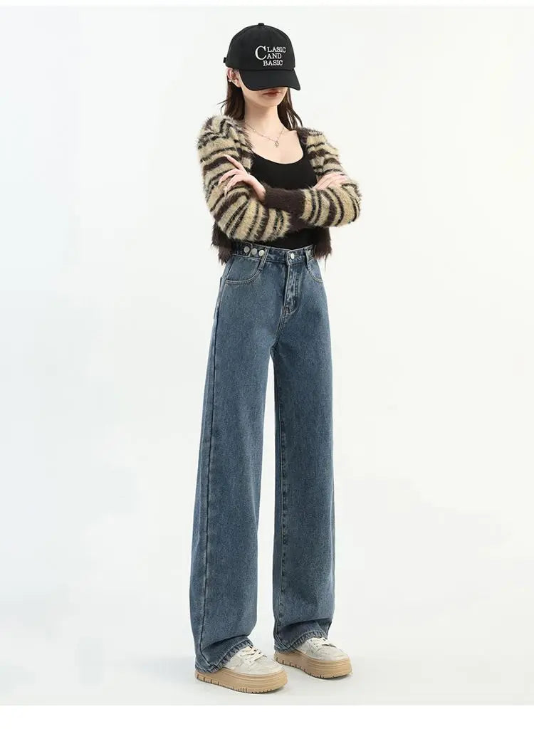 Winter Thick Warm Womens High Waist Jeans Fleece Lined Loose Fit Wide Leg Trousers Korean Style Stretchy Adjustable Waist  Jeans