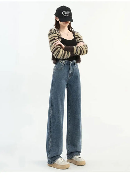 Winter Thick Warm Womens High Waist Jeans Fleece Lined Loose Fit Wide Leg Trousers Korean Style Stretchy Adjustable Waist  Jeans