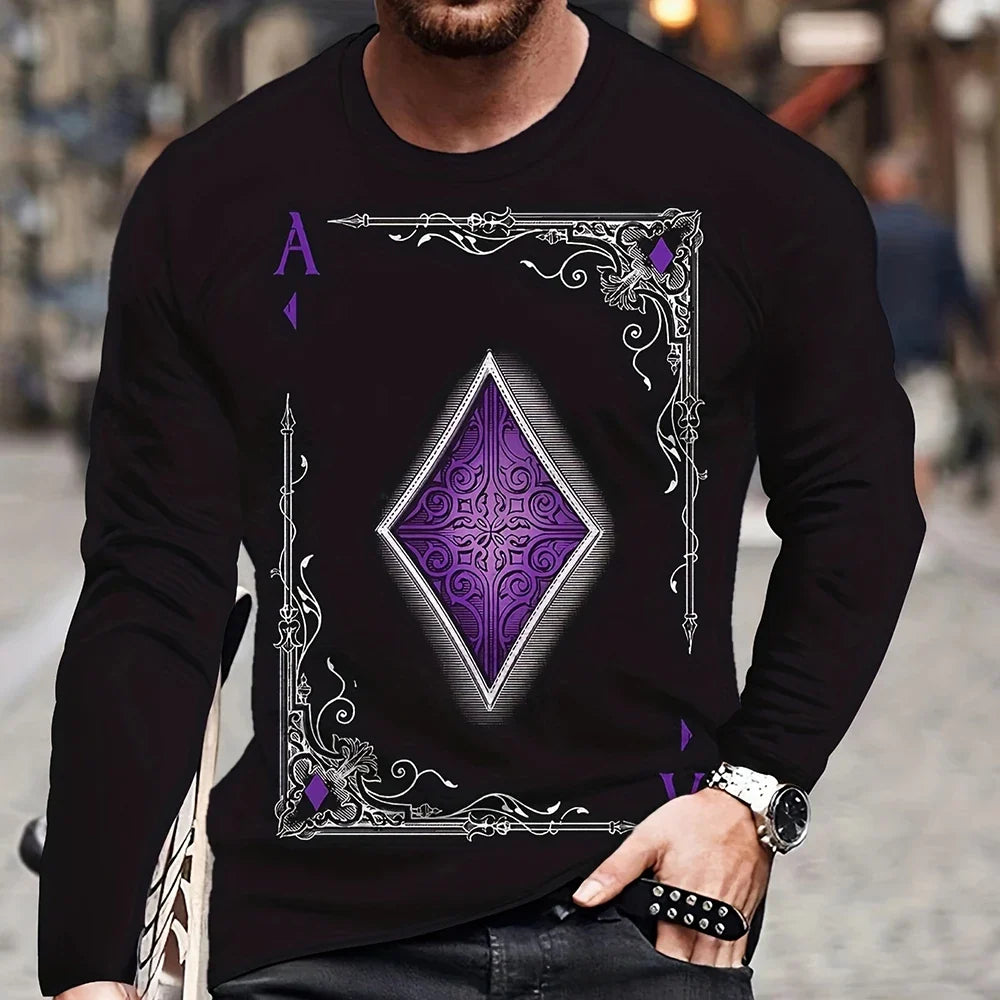 Summer Men's T-Shirt Big Size Loose Retro Short Sleeve Fashion American Poker Letter Print O Neck Long Sleeve Autumn Shirt