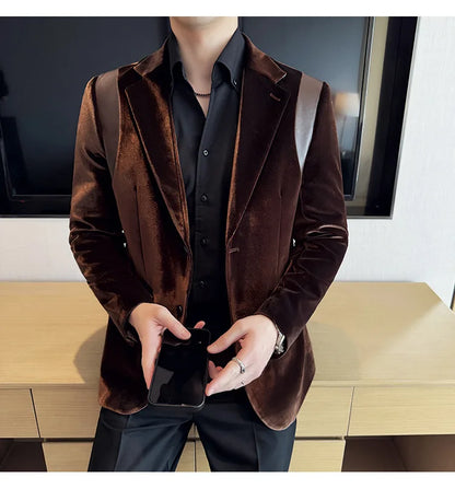 Leather Splicing Mercerized Velvet Suit Jacket 2025 Autumn New Men's High-end Business Slim Fit Fashion Party Tailcoat 4XL-M