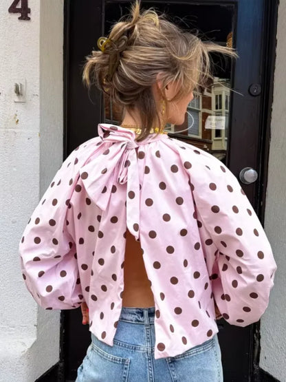 Elegant Women's Polka Dot Backless Bow Lace Up Blouses Loose Pleated Turtleneck Lantern Sleeve Shirts 2026 Spring Casual Tops