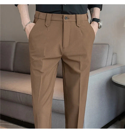 Elastic Waist Solid Color Suit Pants Men Formal Slim Fit Business Casual Trouser High Quality Social Wedding Fashion Dress Pant