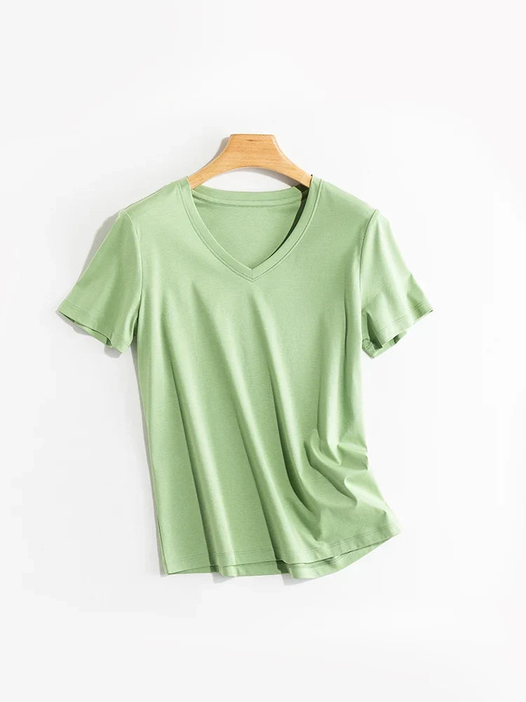 Women Solid T shirts, Silk Cotton Blend, O Neck, Short Sleeved Solid Tee,2025 Summer Candy Colors Basic Cozy Top Green