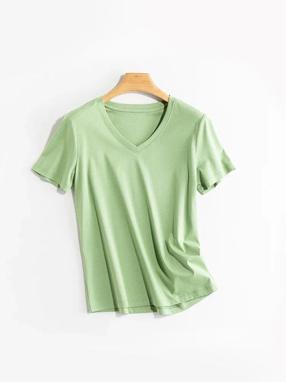 Women Solid T shirts, Silk Cotton Blend, O Neck, Short Sleeved Solid Tee,2025 Summer Candy Colors Basic Cozy Top Green
