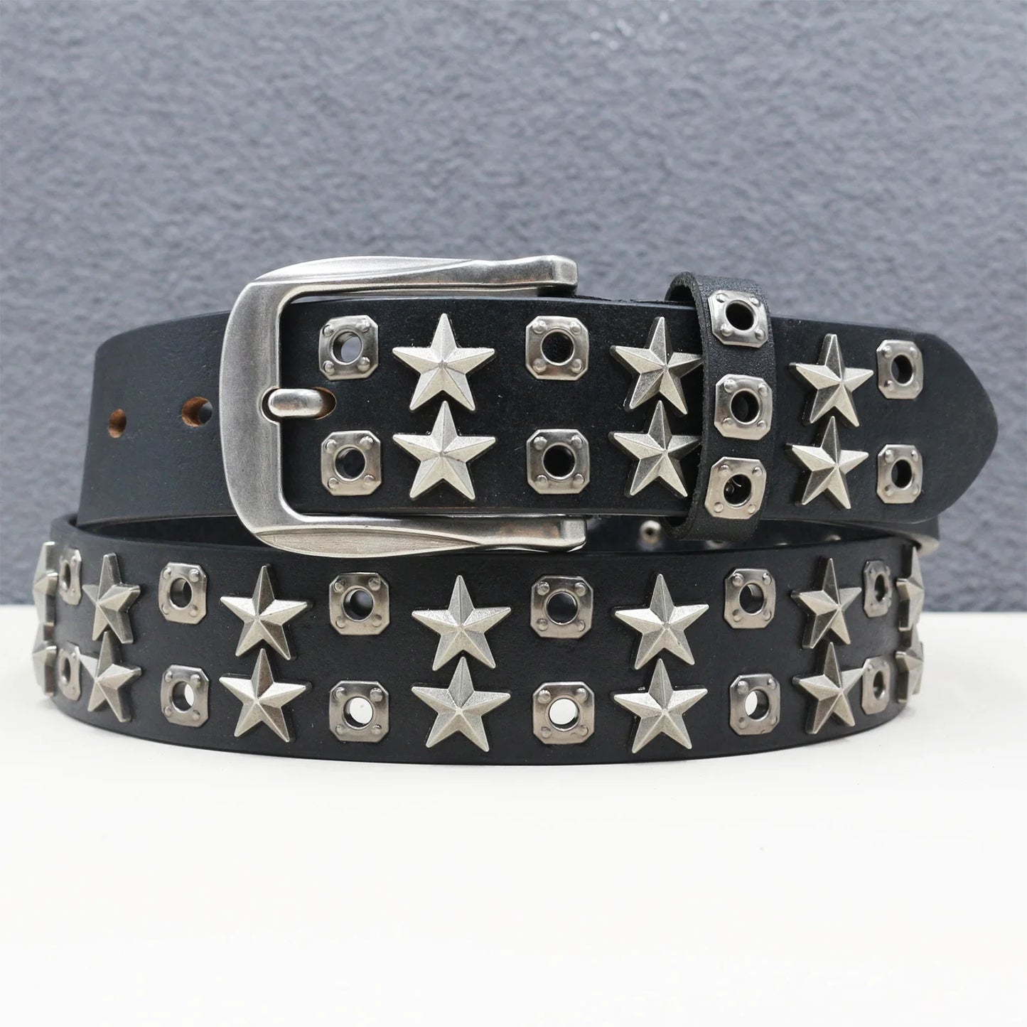 Rock Genuine Leather Luxury Punk Belt Jeans Heavy duty Hollow manual  Designer Brand Belt Men Rivet Three-pin buckle Belt Male
