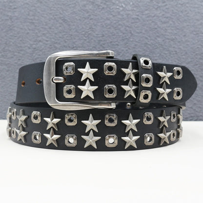 Rock Genuine Leather Luxury Punk Belt Jeans Heavy duty Hollow manual  Designer Brand Belt Men Rivet Three-pin buckle Belt Male