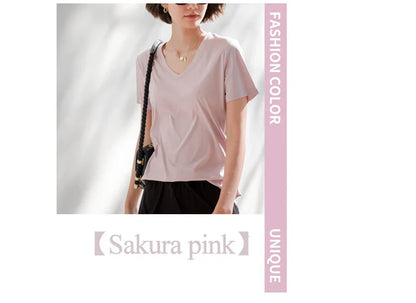 6% Real Silk Cotton Modal Women's T-shirt 2026 Summer Tees Short Sleeve Solid Tee Shirts V-neck Casual Woman Basic T shirt Tops