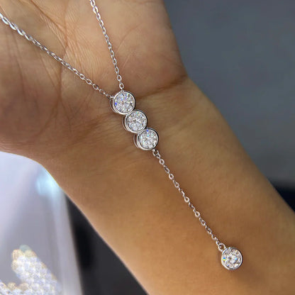 3/5mm Round Bubble Bezel Set Moissanite Diamond Pendant Necklace for Women 925 Sterling Silver Y-Shape Long Tassel Neckchain