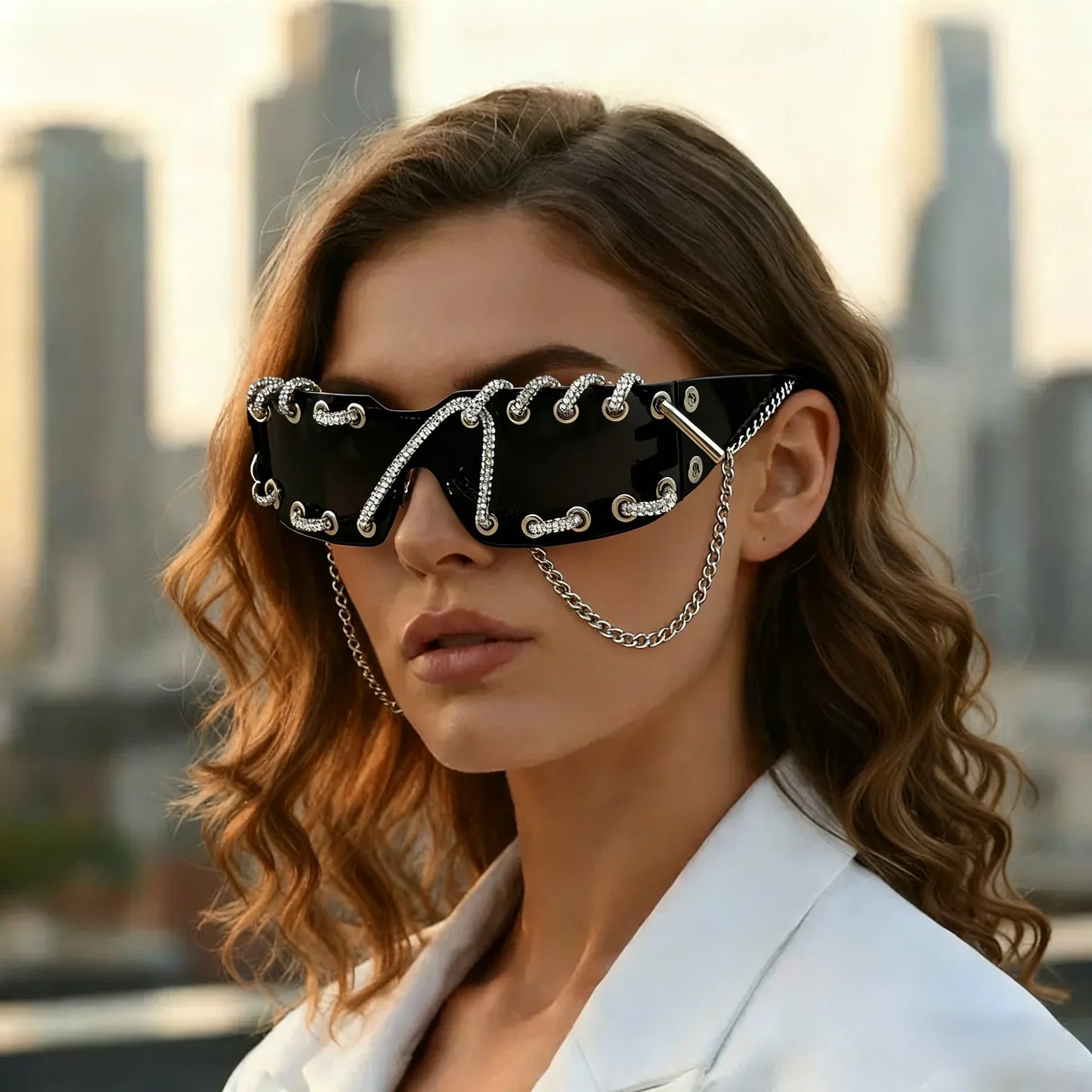Punk Y2k sunglasses women Frameless  Sunglasses Crystal Chain One-piece Party Shades Bling Streetwear Luxury Accessories
