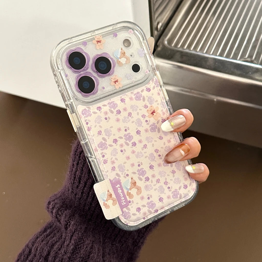 Gentle Purple Flower Stereoscopic Bear Artificial Leather Plush Ball Lanyard Phone Cover Case for iPhone 17 16 15 14 Pro Max