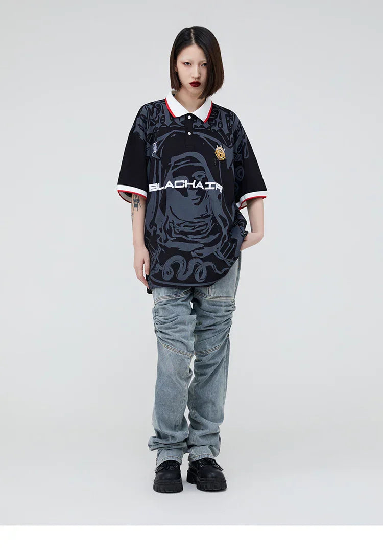 Hip Hop Streetwear Polo T-Shirt Virgin Mary Graphic T Shirt Men Polo Shirt Short Sleeve Harajuku Cotton Tops Tees Red Grey