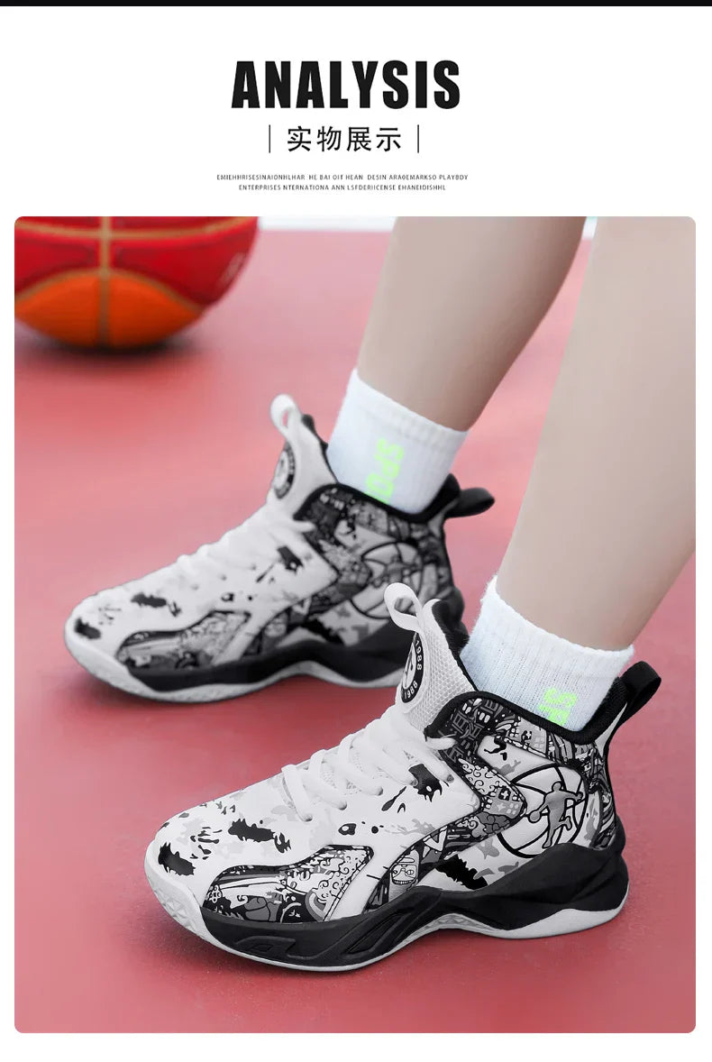 Original Children's Basketball Shoes Fashion Print Purple Basketball Sneakers Kids Training Shoes High Top Sports Shoes For Boys