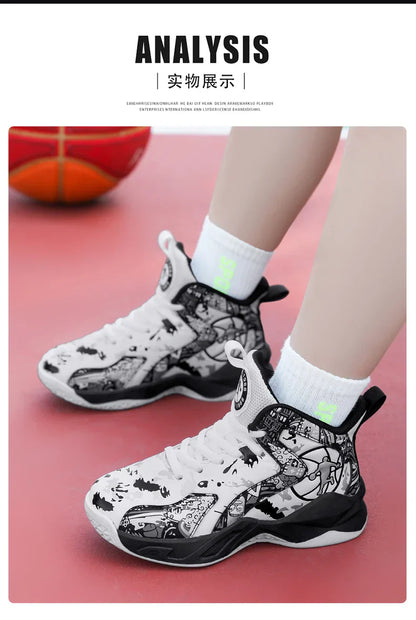 Original Children's Basketball Shoes Fashion Print Purple Basketball Sneakers Kids Training Shoes High Top Sports Shoes For Boys