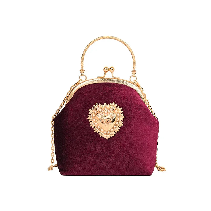 Chains Velvet Frame Heart Dinner Hand Bags Diamonds High Quality Shoulder and Crossbody Bags for Women 2024 Fashion Hot Sale