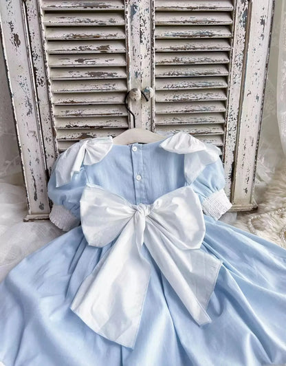 Baby Girl Princess Cotton Bow Pearl Dress Infant Toddler Child Ruffled Spanish Blue Vestido Birthday Party Baby Clothes 18M-7Y