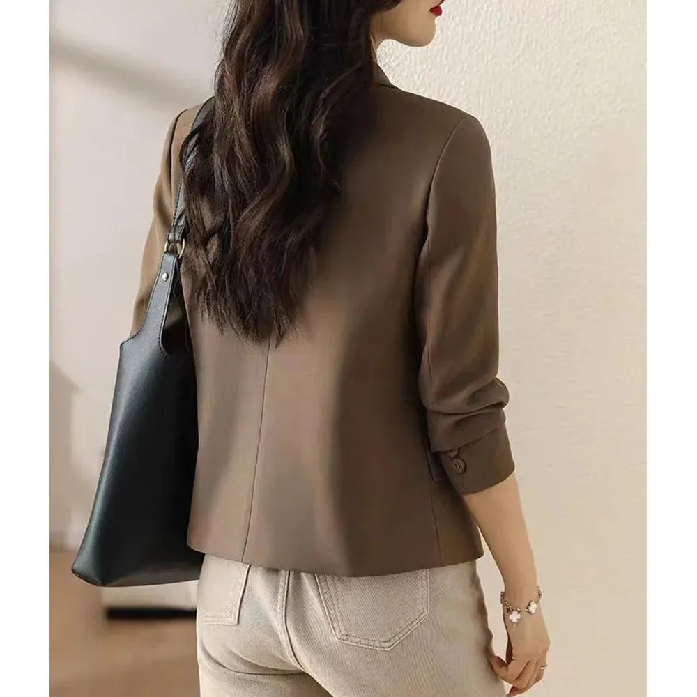 Coffee Small Blazer Jacket Spring Autumn Women Short Suit Coat Korean Casual Long Sleeve Single Breasted Blazers Solid Short Top