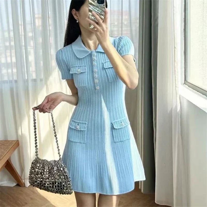 2025 Spring/Summer New Polo Neck Short Sleeve Knitted Dress Y2K Fashion Commuter Elastic Slim Fit Multi Pocket Wrapped Hip Skirt