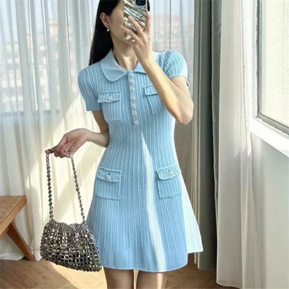 2025 Spring/Summer New Polo Neck Short Sleeve Knitted Dress Y2K Fashion Commuter Elastic Slim Fit Multi Pocket Wrapped Hip Skirt