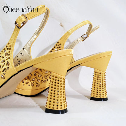 2025 Elegant Women's Peep-Toe Heels and Matching Olive Color Diamond Pumps Set Stylish Italian Shoes and Bags for Parties