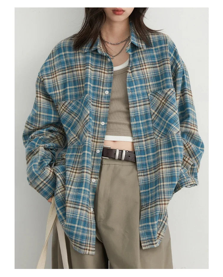 Women's Cotton Shirt Single Breasted Loose New Retro Color Blocked Grid Female Blouses Autumn Spring 2026