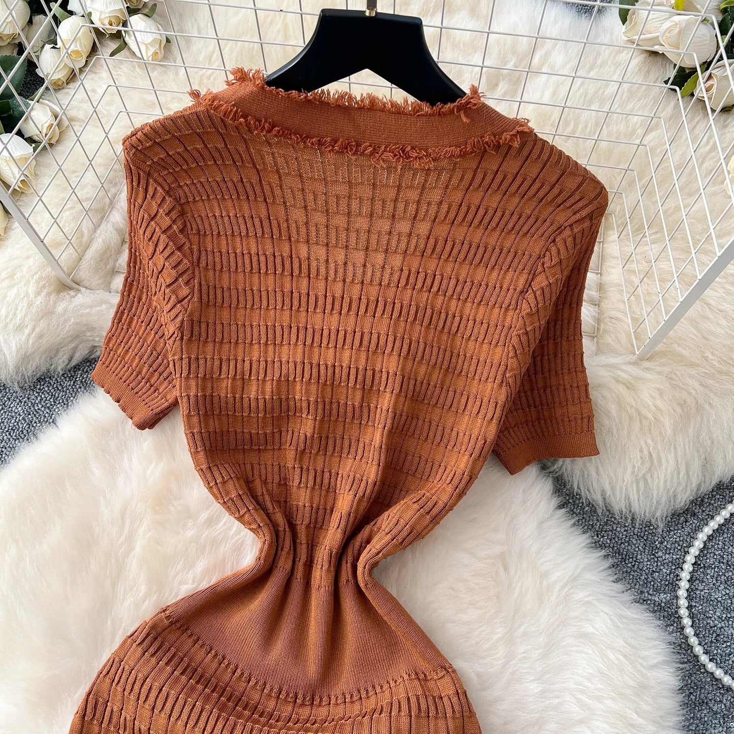 High Quality Elastic Knitted Long Sundress Women Short Sleeves Button Design Office Lady Vintage Split Slim Dress