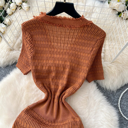 High Quality Elastic Knitted Long Sundress Women Short Sleeves Button Design Office Lady Vintage Split Slim Dress