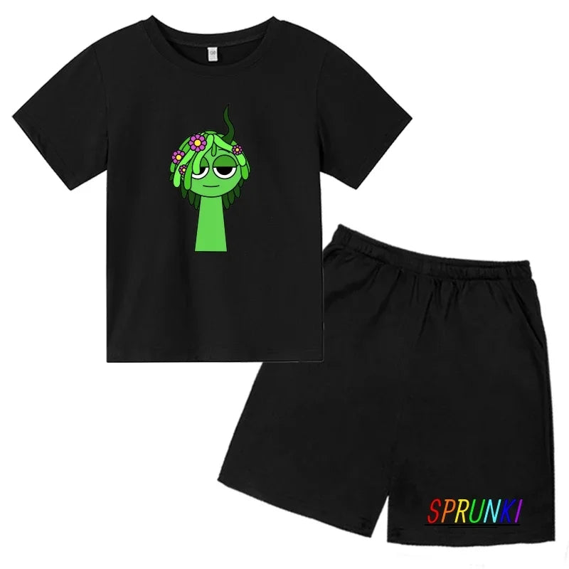 2026 Sprunki Kids T-Shirt + Shorts Set, Boys Girls Cartoon Game Printed Cotton Short Sleeve 2Pcs Summer Casual Outfit