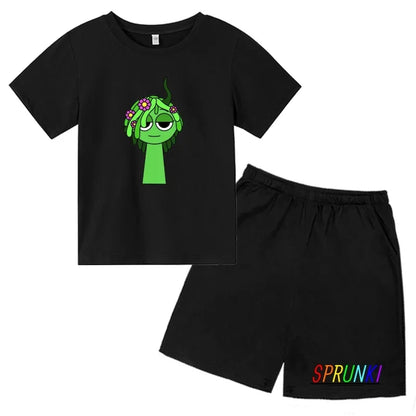 2026 Sprunki Kids T-Shirt + Shorts Set, Boys Girls Cartoon Game Printed Cotton Short Sleeve 2Pcs Summer Casual Outfit