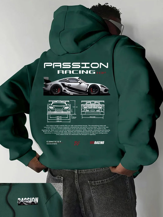 Popular digital pattern men's hooded sweatshirt with car-themed design, American-style casual sports long-sleeved shirt