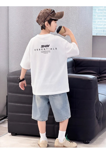 Tween Boys Summer Sets Clothing Child Tshirt Denim Shorts Two Pieces Sports Suit For Kids Teenagers 5 6 7 8 9 10 11 12 13 14 Yrs