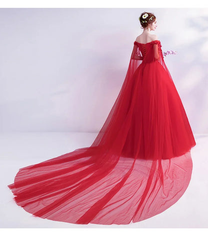 Long Wrap Red Of Shoulder Lady Girl Women Prom Dress Party Evening Dress Performance Dress Wedding Sand Bridesmaid Guest Dress