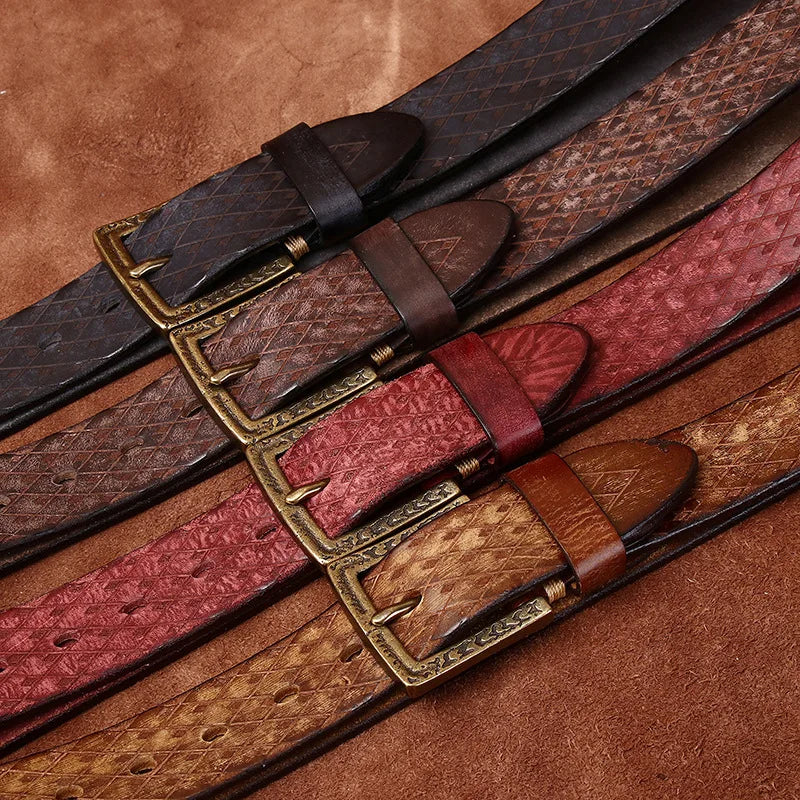 3.8CM Thickened Italian Pure Cowhide High Quality Genuine Leather Belts for Men Carving Strap Male Brass Buckle Jeans Cowboy