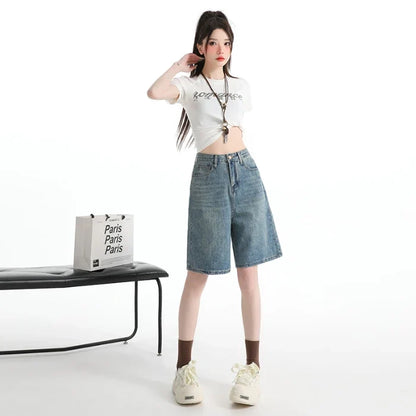 Women's High Waist Wide Leg  Y2K American Retro Washed Five-Point Denim Shorts Summer Loose Slim Straight Cut Mid-Length Pants