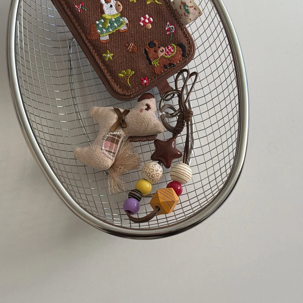 Cute Brown Embroidered Pony Mushroom With Lanyard Shockproof Protective Phone Cover Case for iPhone 17 16 15 14 Pro Max