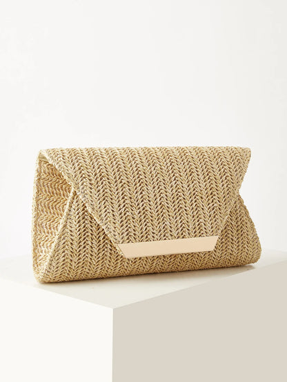 Women's Woven Clutch Bag, Beige, Solid Color, Summer, Holiday, Beach, Vacation Essential, Vacation Season, Versatile Business Commuter Women's Crossbody Bag, Casual, Simple, Beach