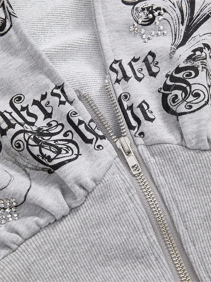 Winter Warm Gothic Print Hoodie Women's Clothin Faux Fur Crop Top Zip-Up Sweatshirt Fashion Y2K Streetwear Hooded Jacket 2026New