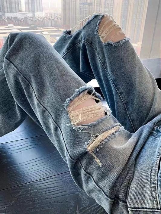 Trendy Ripped Straight Leg Jeans Women's Spring Summer High Waist Loose Wide Leg Pants Slimming Design Casual Denim Jeans