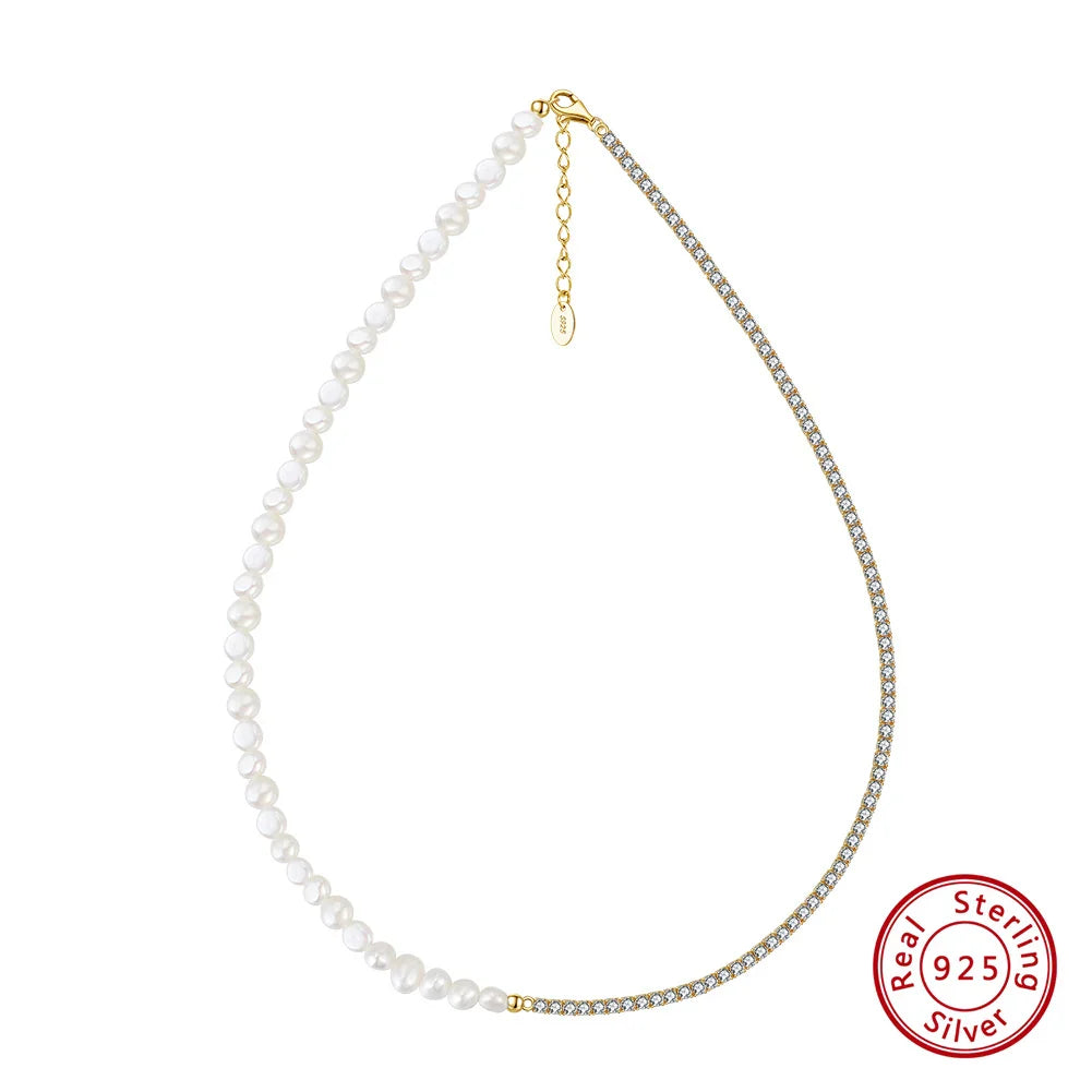 14K Gold 925 Sterling Silver Pearl Necklace with 3-4mm Handmade Natural Baroque Pearl Tiny Chain for Women GPN19