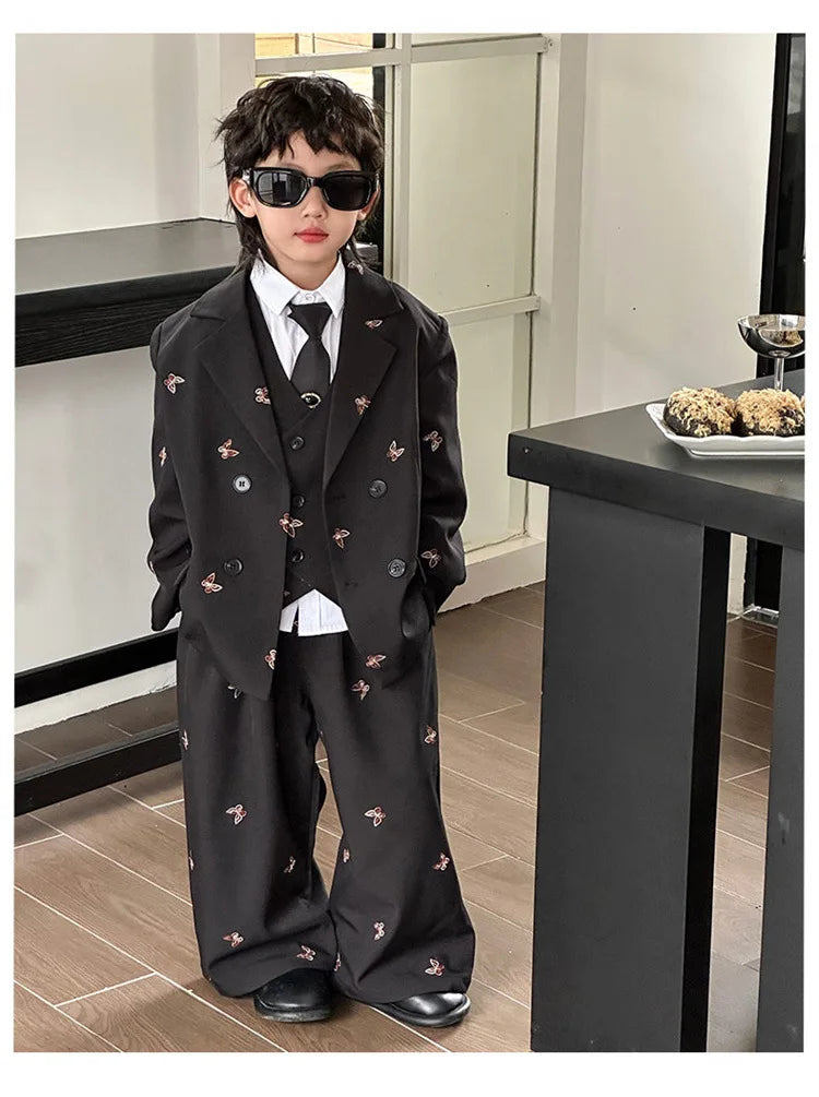 Boys Loose Blazer Jacket Waistcoat Pants Clothes Sets Kids Formal Dress  Suits Casual Child Toddler Party Butterfly Leisure Suit