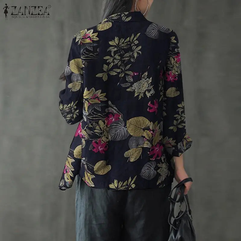 Women Cotton Blazer Vintage Lapel Neck Long Sleeve Thin Coats Autumn Elegant Work Suit Retro Floral Printed Loose Outwear
