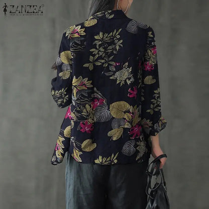 Women Cotton Blazer Vintage Lapel Neck Long Sleeve Thin Coats Autumn Elegant Work Suit Retro Floral Printed Loose Outwear